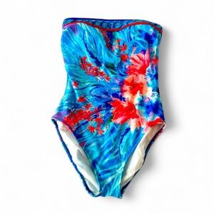 Gottex Vintage Women’s Strapless One Piece Swimsuit Blue Pink Florals Size 8
